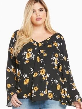 TORRID Black Floral Wrap Top with Yellow  Flowers Size 4